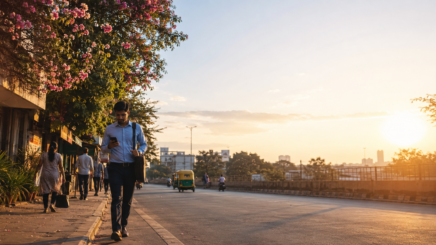 Bengaluru street scene at golden hour